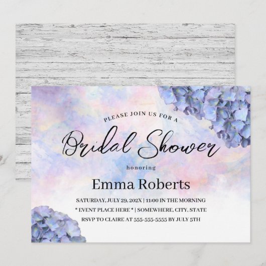 Blue Hydrangea Rustic Watercolor Brautparty Einladung (Vorne/Hinten)