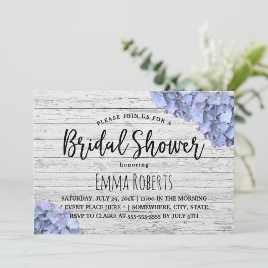 Blue Hydrangea Rustic Wedding Brautparty Einladung (Stehend Vorderseite)