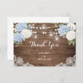 Blue Hydrangea Rustic Wood String Light Wedding Dankeskarte (Vorne/Hinten)
