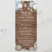Blue Hydrangea Rustic Wood String Light Wedding Programm (Vorderseite)