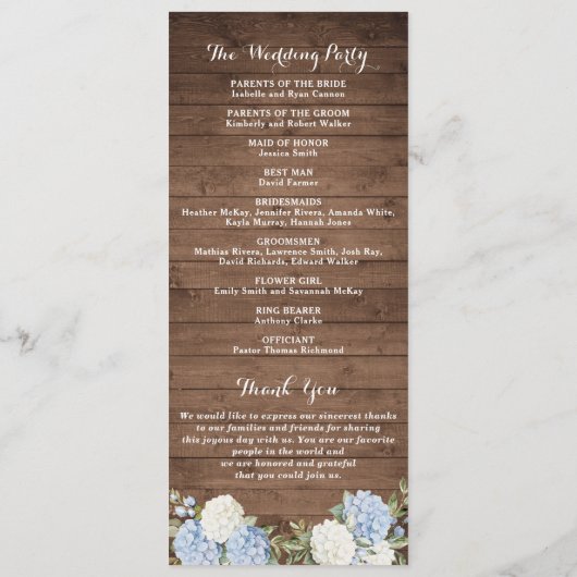 Blue Hydrangea Rustic Wood String Light Wedding Programm (Rückseite)