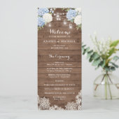 Blue Hydrangea Rustic Wood String Light Wedding Programm (Stehend Vorderseite)