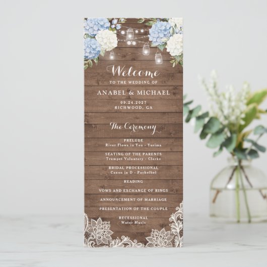 Blue Hydrangea Rustic Wood String Light Wedding Programm (Stehend Vorderseite)