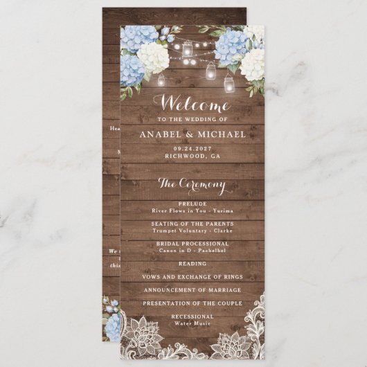 Blue Hydrangea Rustic Wood String Light Wedding Programm (Vorne/Hinten)