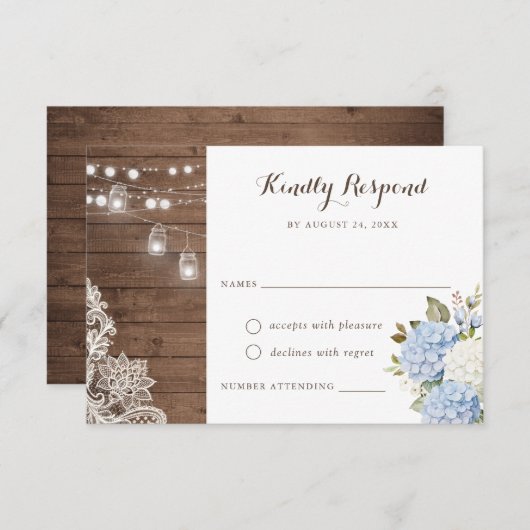 Blue Hydrangea Rustic Wood String Lights UAWG Einladung (Vorne/Hinten)