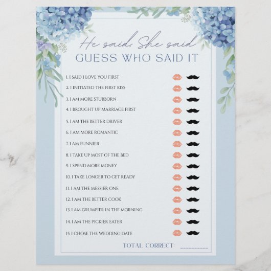 Blue Hydrangea sagte er sagte, sie sagte Brautpart (Vorderseite)