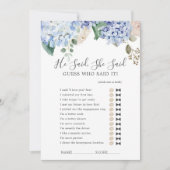 Blue Hydrangea sagte sie sagte Dusche Spielkarte Einladung (Vorderseite)