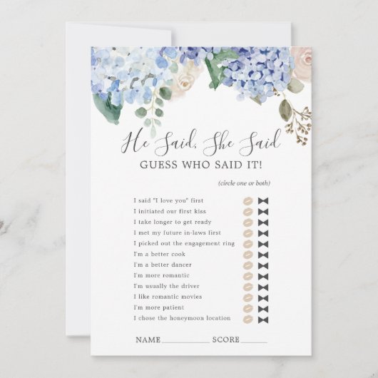 Blue Hydrangea sagte sie sagte Dusche Spielkarte Einladung (Vorderseite)