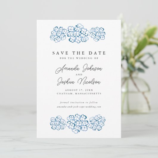 Blue Hydrangea Save the Date (Stehend Vorderseite)