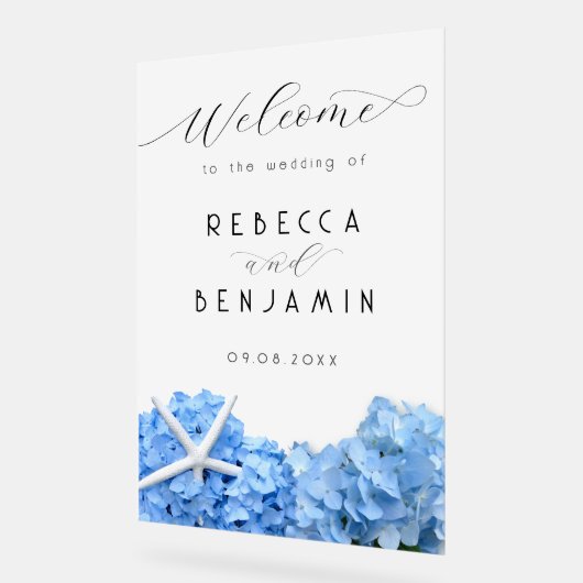 Blue Hydrangea Seaside Wedding Welcome Opaque Acrylschild (Winkel)