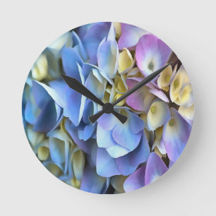 Blue Hydrangea Shrub Artistic Bossom Runde Wanduhr