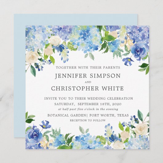 Blue Hydrangea Square Hochzeitskarten Einladung (Vorne/Hinten)