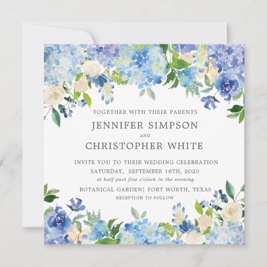 Blue Hydrangea Square Hochzeitskarten Einladung (Vorderseite)