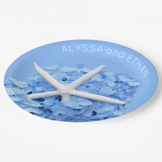 Blue Hydrangea Starfish Dusche Pappteller (Schrägansicht)