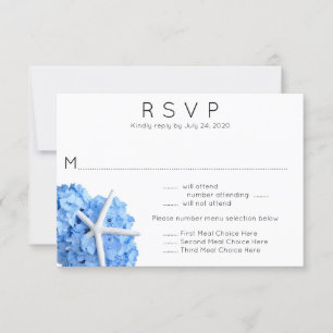 Blue Hydrangea Starfish Wedding Menu RSVP Card