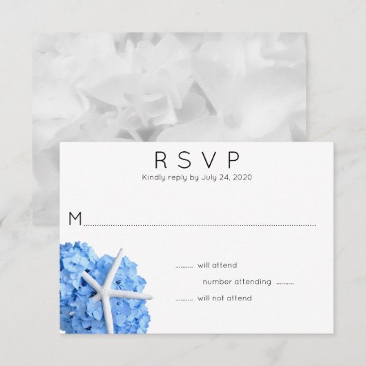 Blue Hydrangea Starfish Wedding RSVP Card Karte (Vorne/Hinten)