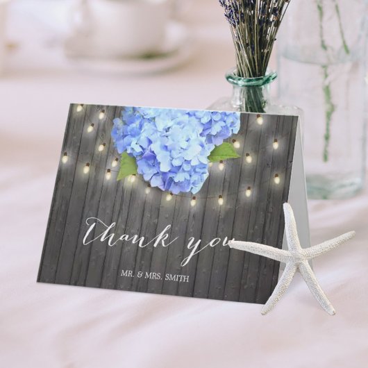 Blue Hydrangea String Lights Barn Wood Vielen Dank Dankeskarte
