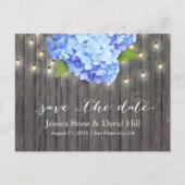 Blue Hydrangea & String Lights Holz Save the Date Ankündigungspostkarte (Vorderseite)