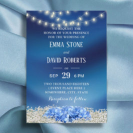 Blue Hydrangea & String Lights Navy Blue Wedding Einladung