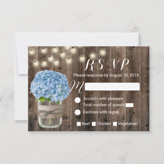 Blue Hydrangea & String Lights Rustic Wood UAWG RSVP Karte (Vorderseite)