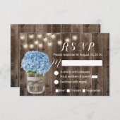 Blue Hydrangea & String Lights Rustic Wood UAWG RSVP Karte (Vorne/Hinten)