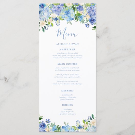 Blue Hydrangea Summer Floral Wedding Menus Menükarte (Vorderseite)