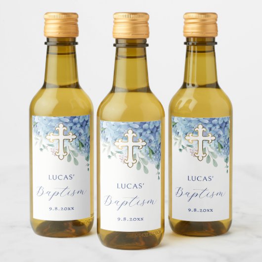 Blue Hydrangea Taufe Weinetikett (Flaschen)