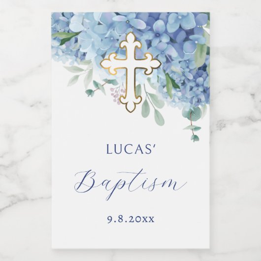 Blue Hydrangea Taufe Weinetikett (Einzelnes Label)