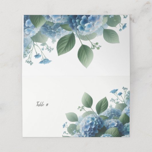 Blue Hydrangea Tischsitznummern Platzkarte (Außenseite Aufgefaltet)