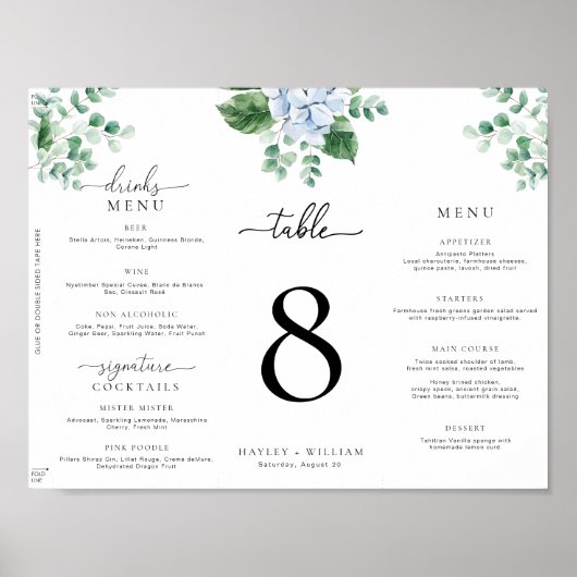 Blue Hydrangea Tri-Fold Wedding Menu Poster (Vorne)