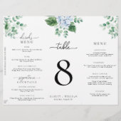 Blue Hydrangea Tri-Fold Wedding Menu Tischnummer (Vorderseite)