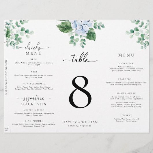 Blue Hydrangea Tri-Fold Wedding Menu Tischnummer (Vorderseite)