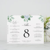 Blue Hydrangea Tri-Fold Wedding Menu Tischnummer (Stehend Vorderseite)