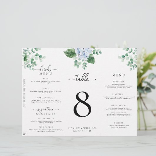 Blue Hydrangea Tri-Fold Wedding Menu Tischnummer (Stehend Vorderseite)