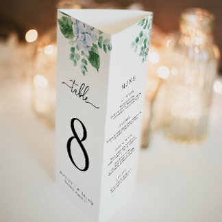 Blue Hydrangea Tri-Fold Wedding Menu Tischnummer