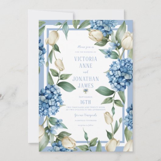 Blue Hydrangea & Tulip Wedding Einladung (Vorderseite)
