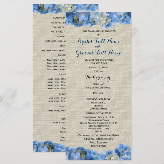 Blue Hydrangea und Burlap Wedding Programm (Vorne/Hinten)