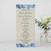 Blue Hydrangea und Burlap Wedding Programm (Stehend Vorderseite)