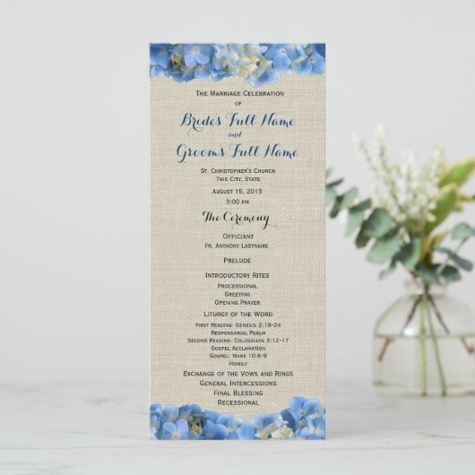 Blue Hydrangea und Burlap Wedding Programm (Stehend Vorderseite)