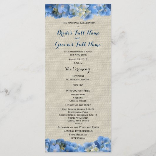 Blue Hydrangea und Burlap Wedding Programm (Vorderseite)