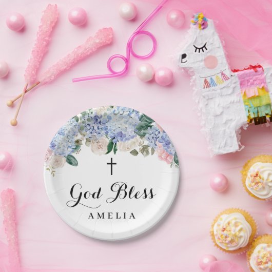 Blue Hydrangea und Elfenbeinküste Rose Gott segne  Pappteller (Party)