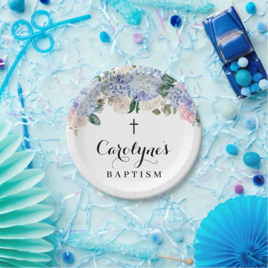 Blue Hydrangea und Elfenbeinküste Rose Taufe Pappteller (Party)