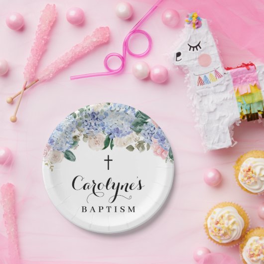 Blue Hydrangea und Elfenbeinküste Rose Taufe Pappteller (Party)