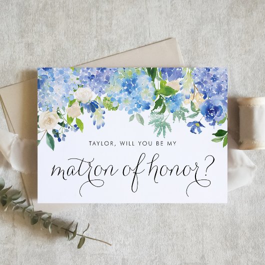 Blue Hydrangea und Ivory Rose Matron of Honour Einladung