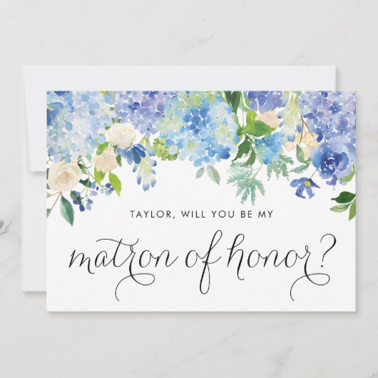 Blue Hydrangea und Ivory Rose Matron of Honour Einladung (Vorderseite)