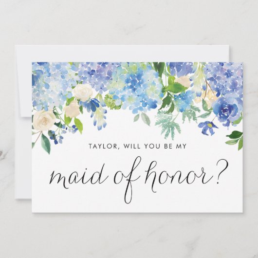 Blue Hydrangea und Ivory Rose Trauzeugin Einladung (Vorderseite)