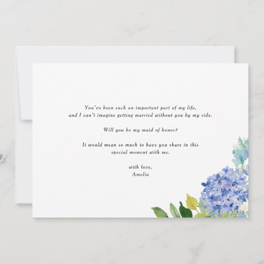 Blue Hydrangea und Ivory Rose Trauzeugin Einladung (Rückseite)
