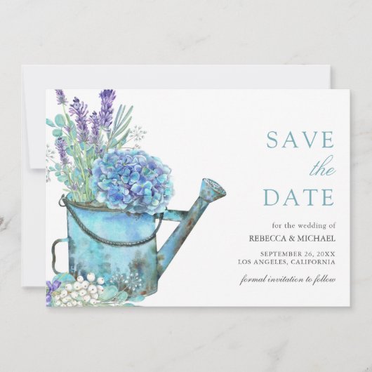 Blue Hydrangea und Lavender Floral Wedding Save The Date (Vorderseite)