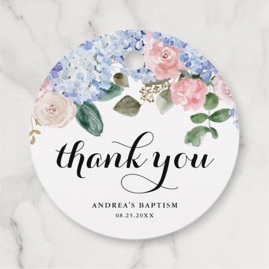 Blue Hydrangea und Pink Rose Taufe Vielen Dank Geschenkanhänger (Rückseite)
