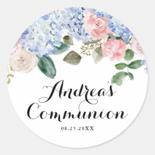 Blue Hydrangea und Rosa Rose Erste heilige Kommune Runder Aufkleber